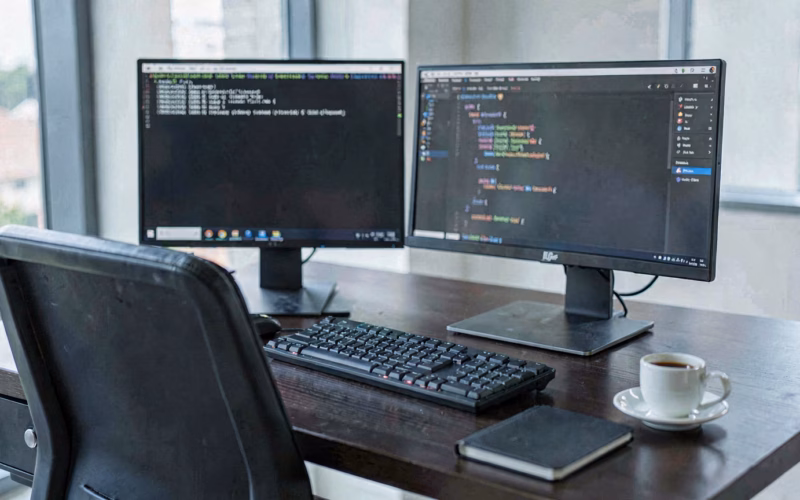 Dunkler Entwickler-Arbeitsplatz mit zwei Monitoren, Terminal und Code-Editor, Espresso neben der Tastatur